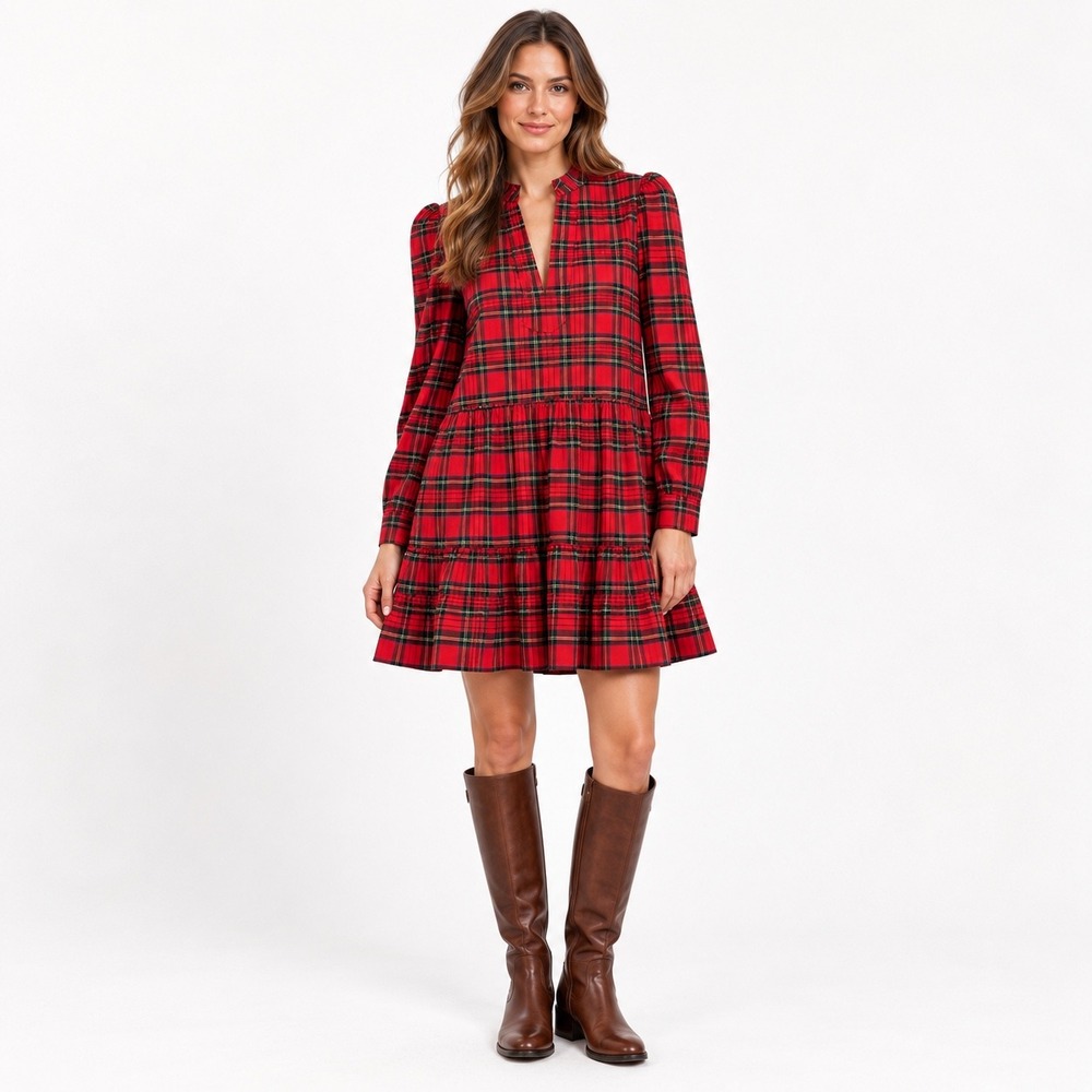 Sail to Sable Red Tartan Plaid Tunic Flare Dress M Tiered Holiday Cotton